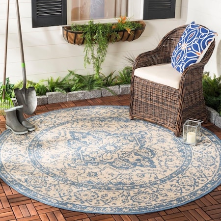 Safavieh 6 ft. 7 in. x 6 ft. 7 in. Beach House Traditional Round Indoor & Outdoor Area Rugs; Cream & Blue BHS137N-6R